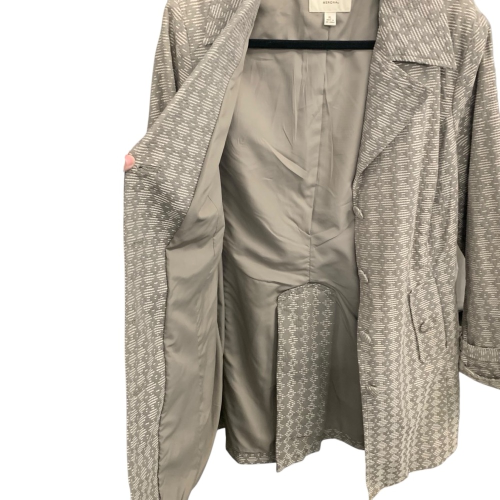 Merona Gray Cream Geometric Trench Coat Long Dress Cotton Jacket Women’s Size XL - Picture 4 of 7